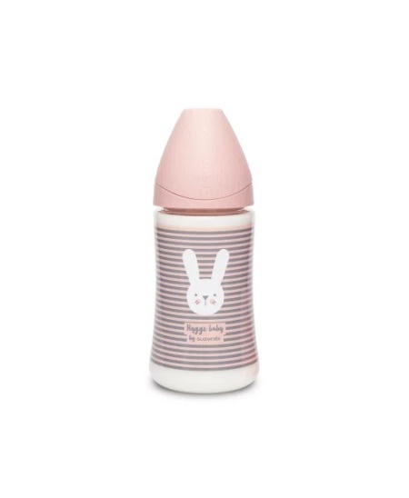 Biberon 270 ml cu tetina rotunda din silicon, 3 fluxuri, iepuras cu linii roz, Hygge Suavinex - Img 2