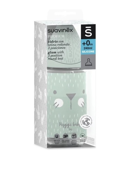 Biberon din sticla 240 ml cu tetina rotunda din silicon, 3 fluxuri, pisica verde Hygge Suavinex - Img 5