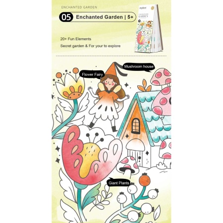 Carte de colorat cu apa, pensula de pictat si culori incluse, 19 x 8 x 1.3 cm, Enchanted Garden Mideer MD4195 - Img 3
