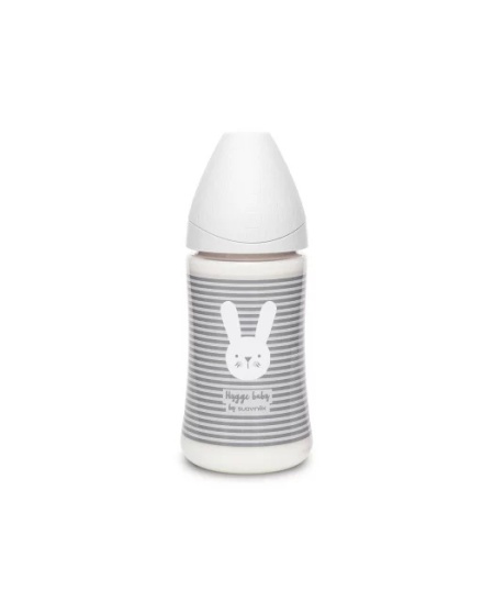 Biberon 270 ml cu tetina rotunda din silicon, 3 fluxuri, iepuras cu linii gri, Hygge Suavinex - Img 2