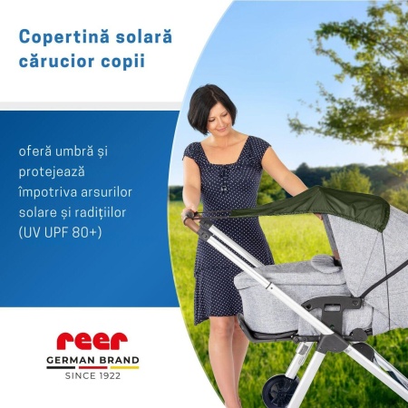 Copertina solara carucior copii, protectie UV UPF 80+, parasolar universal reglabil, protectie vant si ploaie usoara, prindere elastica universala, montare rapida, verde, Reer ShineSafe 84313 - Img 2