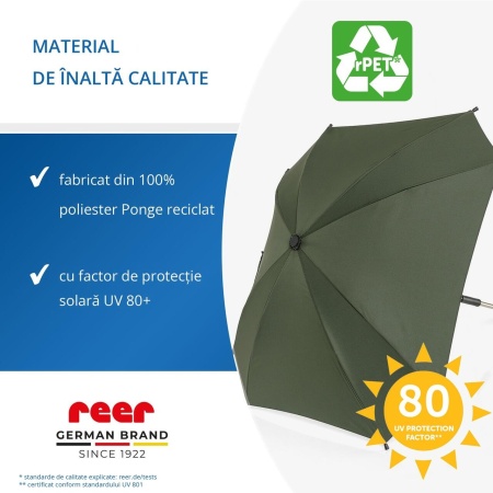 Umbrela parasolar carucior copii, protectie UV 80+, forma patrata 80 cm, reglabila 180°, prindere universala anti-alunecare, verde, Reer ShineSafe 84283 - Img 12