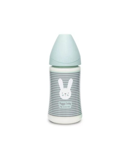 Biberon 270 ml cu tetina rotunda din silicon, 3 fluxuri, iepuras cu linii verzi, Hygge Suavinex - Img 2