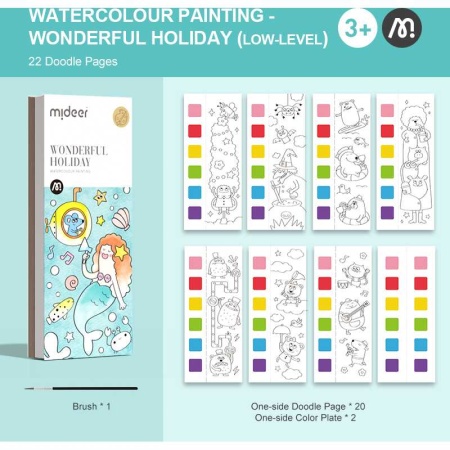 Carte de colorat cu apa, pensula de pictat si culori incluse, 19 x 8 x 1.3 cm, Wonderful Holiday Mideer MD4226 - Img 4