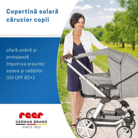 Copertina solara carucior copii, protectie UV UPF 80+, parasolar universal reglabil, protectie vant si ploaie usoara, prindere elastica universala, montare rapida, gri melange, Reer ShineSafe 84301 - Img 2