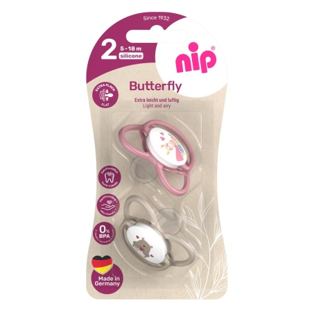 Set 2 suzete nip Butterfly cu tetina ortodontica din silicon, forma simetrica, fara BPA, cu inel pentru prindere usoara, 5-18 luni, nip Butterfly 31051 - Img 3