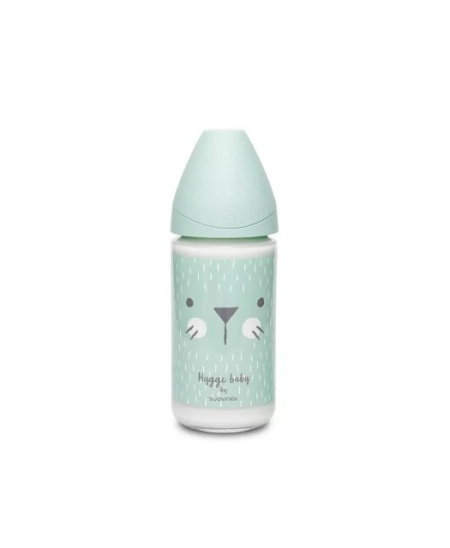 Biberon din sticla 240 ml cu tetina rotunda din silicon, 3 fluxuri, pisica verde Hygge Suavinex - Img 2