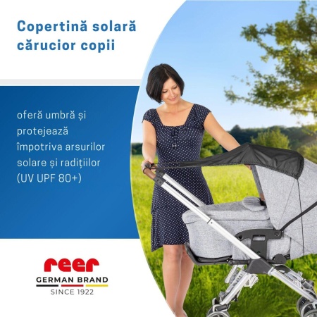Copertina solara carucior copii, protectie UV UPF 80+, parasolar universal reglabil, protectie vant si ploaie usoara, prindere elastica universala, montare rapida, negru, Reer ShineSafe 84291 - Img 2