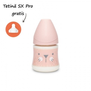 Biberon 150 ml cu tetina rotunda din silicon, debit lent, pisica roz Hygge Suavinex