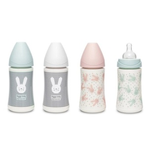Biberon 270 ml cu tetina rotunda din silicon, 3 fluxuri, iepuras cu linii gri, Hygge Suavinex - Img 3
