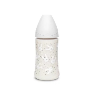 Biberon 270 ml cu tetina rotunda din silicon, 3 fluxuri, iepuras gri Hygge Suavinex - Img 2