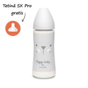 Biberon 360 ml cu tetina rotunda din silicon, debit dens, pisica gri Hygge Suavinex