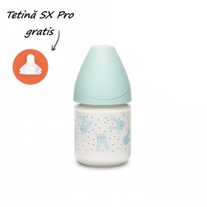 Biberon din sticla 120 ml cu tetina rotunda din silicon, debit lent, iepuras verde Hygge Suavinex