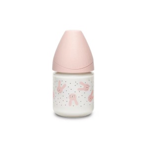 Biberon din sticla 120 ml cu tetina rotunda din silicon, debit lent, iepuras roz Hygge Suavinex - Img 2