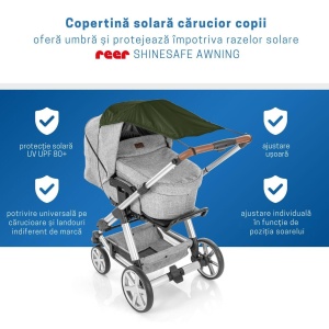 Copertina solara carucior copii, protectie UV UPF 80+, parasolar universal reglabil, protectie vant si ploaie usoara, prindere elastica universala, montare rapida, verde, Reer ShineSafe 84313 - Img 3