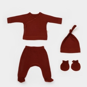 Cutie 4 piese pentru nou nascut - 100% bumbac organic - Caramiziu, BabyCosy - Img 5