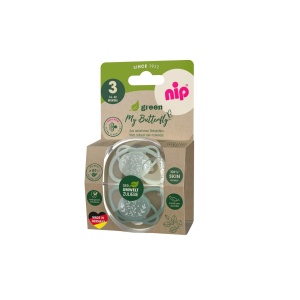 Set 2 suzete nip My Butterfly cu tetina ortodontica din silicon, forma simetrica, din materiale naturale regenerabile, fara BPA, cutie de transport si sterilizare, 16-32 luni, verde, nip My Butterfly Green 38862