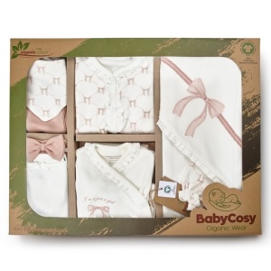 Set de 10 piese pentru nou nascut, Bow, powder, 100% bumbac organic, BabyCosy