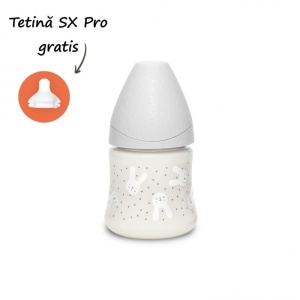 Biberon 150 ml cu tetina rotunda din silicon, debit lent, iepuras gri Hygge Suavinex