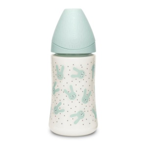 Biberon 270 ml cu tetina rotunda din silicon, 3 fluxuri, iepuras verde Hygge Suavinex - Img 2