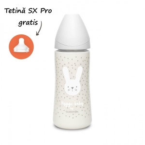 Biberon 360 ml cu tetina rotunda din silicon, debit dens, iepuras gri Hygge Suavinex