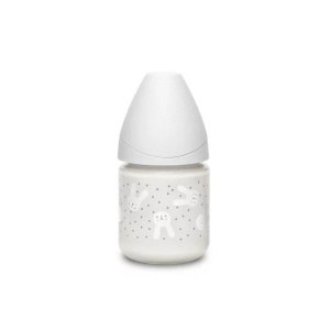 Biberon din sticla 120 ml cu tetina rotunda din silicon, debit lent, iepuras gri Hygge Suavinex - Img 2
