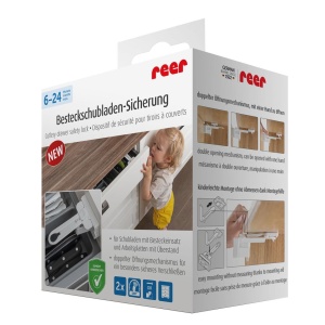 Set sigurante pentru sertare de tacamuri, 2 bucati, albe, montare cu adeziv sau surub, Reer 71090 - Img 2
