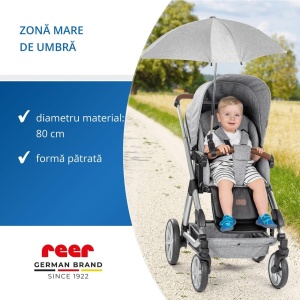 Umbrela parasolar carucior copii, protectie UV 80+, forma patrata 80 cm, reglabila 180°, prindere universala anti-alunecare, gri melange, Reer ShineSafe 84271 - Img 11