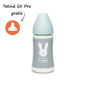 Biberon 270 ml cu tetina rotunda din silicon, 3 fluxuri, iepuras cu linii verzi, Hygge Suavinex