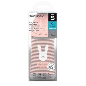 Biberon 270 ml cu tetina rotunda din silicon, 3 fluxuri, iepuras cu linii roz, Hygge Suavinex - Img 4