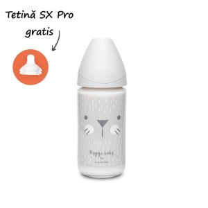 Biberon din sticla 240 ml cu tetina rotunda din silicon, 3 fluxuri, pisica gri Hygge Suavinex