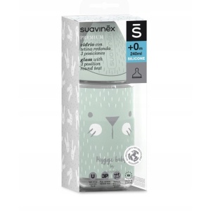 Biberon din sticla 240 ml cu tetina rotunda din silicon, 3 fluxuri, pisica verde Hygge Suavinex - Img 3