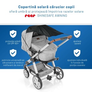 Copertina solara carucior copii, protectie UV UPF 80+, parasolar universal reglabil, protectie vant si ploaie usoara, prindere elastica universala, montare rapida, negru, Reer ShineSafe 84291 - Img 3