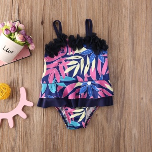 Costum de baie mov cu frunze si floricele aplicate Drool - Img 5