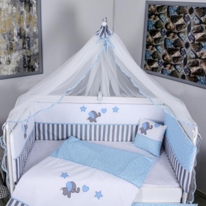 Lenjerie MyKids 11 piese Elephant gri-albastru cu baldachin 120x60 cm - Img 3