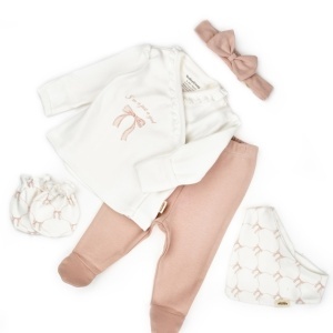 Set de 5 piese pentru nou nascut, Bow, powder, BabyCosy - Img 2