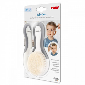 Set perie si pieptene ingrijire bebelusi, cu par natural de capra, alb cu gri, BabyCare Hair, Reer 81070 - Img 2