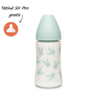 Biberon 270 ml cu tetina rotunda din silicon, 3 fluxuri, iepuras verde Hygge Suavinex
