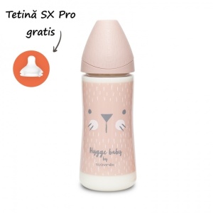 Biberon 360 ml ml cu tetina rotunda din silicon, debit dens, pisica roz Hygge Suavinex