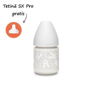 Biberon din sticla 120 ml cu tetina rotunda din silicon, debit lent, iepuras gri Hygge Suavinex