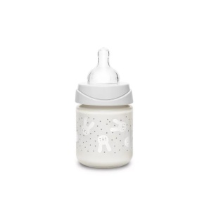Biberon din sticla 120 ml cu tetina rotunda din silicon, debit lent, iepuras roz Hygge Suavinex - Img 3