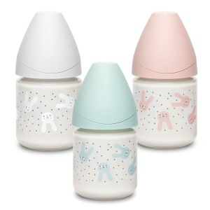 Biberon din sticla 120 ml cu tetina rotunda din silicon, debit lent, iepuras roz Hygge Suavinex - Img 5