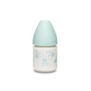 Biberon din sticla 120 ml cu tetina rotunda din silicon, debit lent, iepuras verde Hygge Suavinex - Img 9