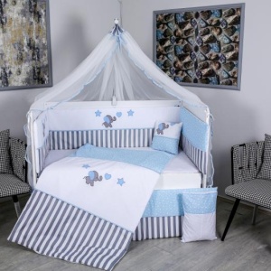 Lenjerie MyKids 9 piese Elephant gri-albastru fara baldachin 120x60 cm