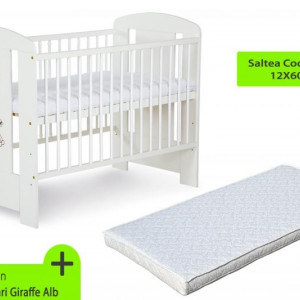 Patut fara sertar KLUPS Safari Giraffe Alb + Saltea 8 Cocos Confort II
