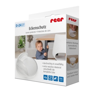 Set 4 protectii universale pentru colturi, din plastic transparent, cu banda adeziva, rezistente la muscaturi, fara PVC, Reer 82049