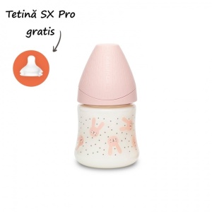 Biberon 150 ml cu tetina rotunda din silicon, debit lent, iepuras roz Hygge Suavinex