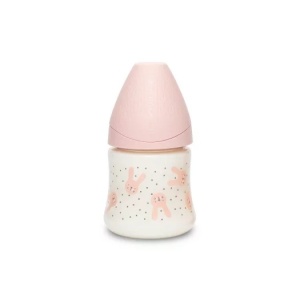 Biberon 150 ml cu tetina rotunda din silicon, debit lent, iepuras roz Hygge Suavinex - Img 2