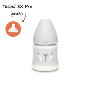 Biberon 150 ml cu tetina rotunda din silicon, debit lent, pisica gri Hygge Suavinex
