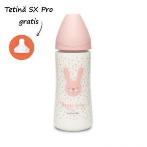 Biberon 360 ml cu tetina rotunda din silicon, debit dens, iepuras roz Hygge Suavinex